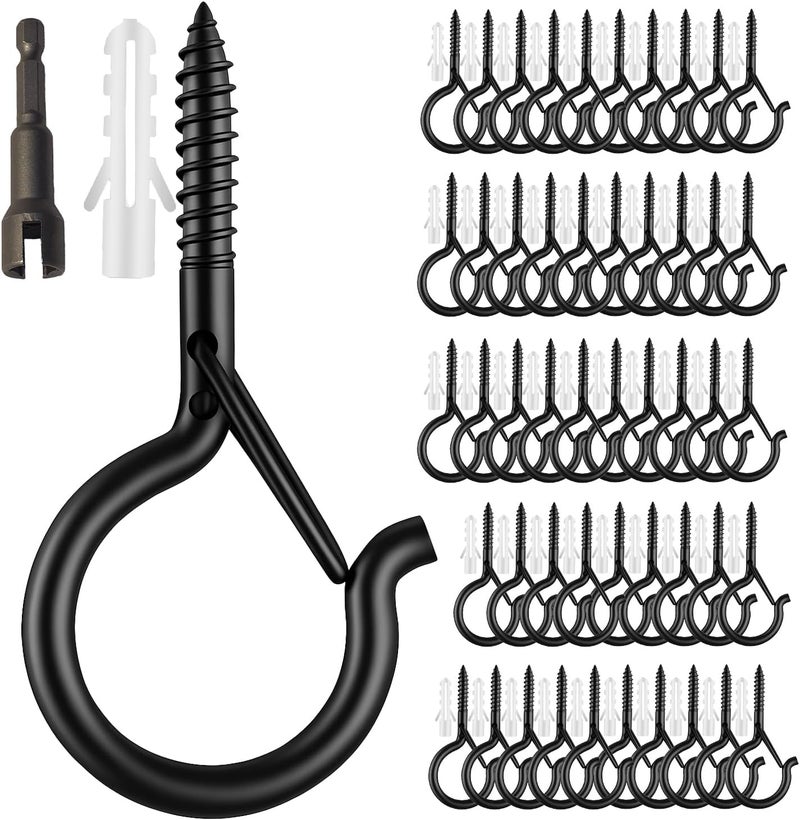 Moneek's Hardware 50 PCS Black Q Hanger Hooks with Safety Buckle, Windproof Screw Hooks for Hanging Outdoor String Lights, Plants, Christmas, Patio Lights, 2.2 Inches, Black - Image 1